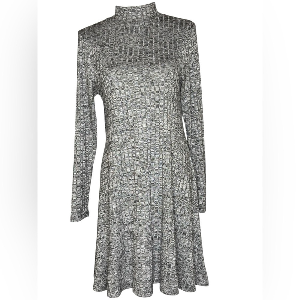 Ivanka Trump Mock Turtleneck Silvery Gray Ribbed Long Sleeve Midi Dress, M/L